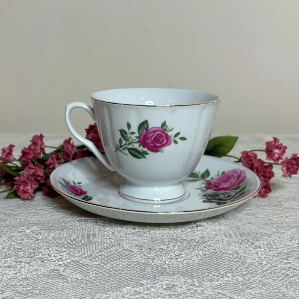Vintage Tea Cup Victorian Roses Teacup Plate Set Elegant Dainty White Pink Gold